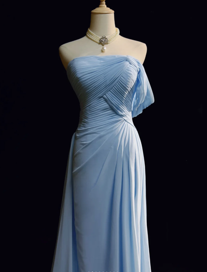 Classy Sky Blue One Shoulder Chiffon Pleated Mermaid Party Dress Long Wedding Guest Dress Evening Gown