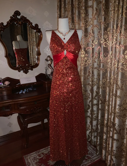 Vintage Red V Neck Sequin Beaded Mermaid Party Dress Long Evening Gown