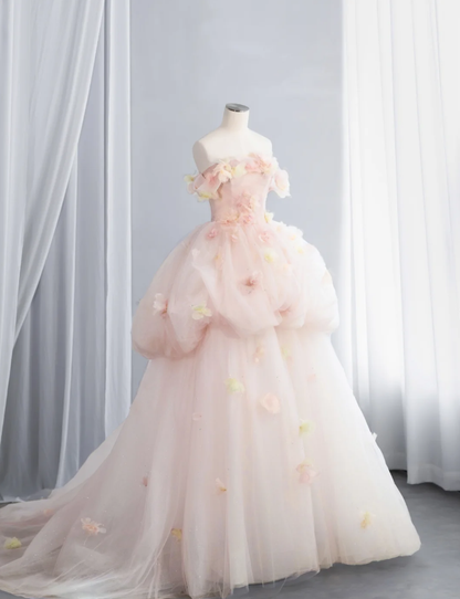 Sweet Off The Shoulder Ball Gown Light Pink  Tulle Beaded Appliques Birthday Quinceanera Dress SP1518
