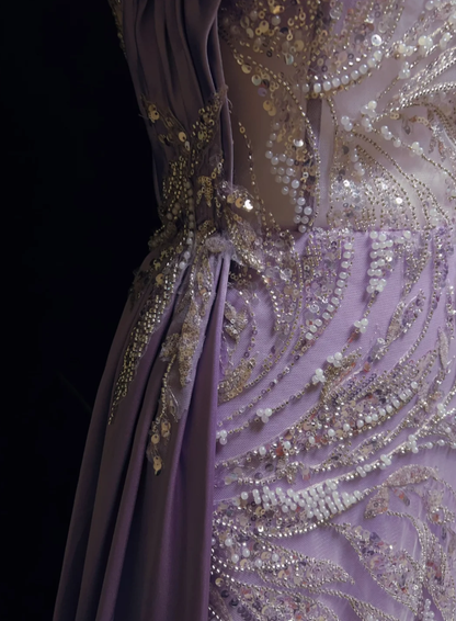 Glamorous  Strapless Lavender Tulle Satin Beaded Slit Mermaid Evening Dress Long Birthday Prom Gowns SP1965