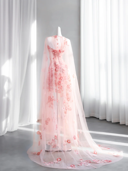 Pretty Pink Strapless Tulle Beaded Appliques Long Birthday Party Dress Prom Gown SP1511