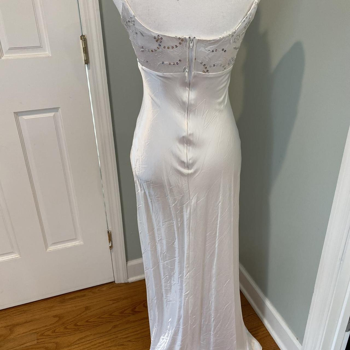 Elegant White Spaghetti Straps Satin Sequin Mermaid Long Wedding Guest Dress Party Dress SP995