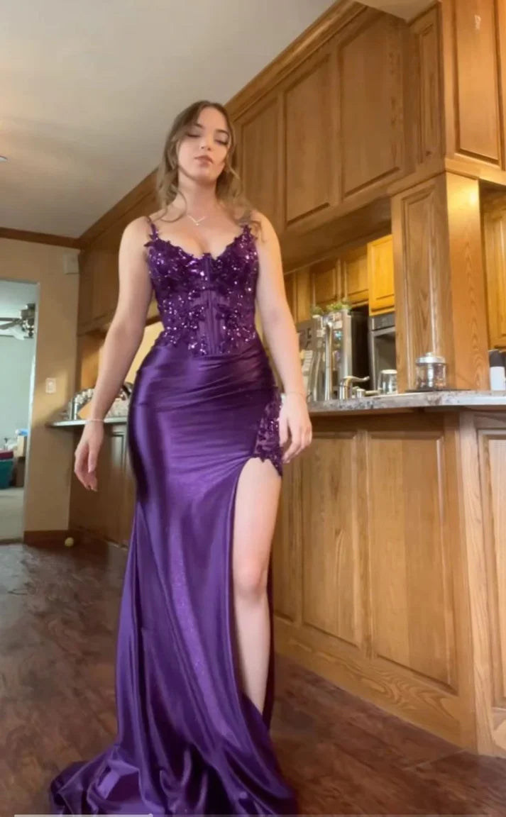 Vintage Purple Glittering Beaded Evening Gown Sheath Applique Spaghetti Strap Party Dress High Slit Long Formal Dress TP4969