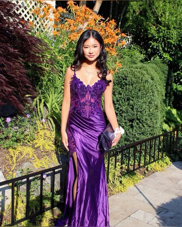 Vintage Purple Glittering Beaded Evening Gown Sheath Applique Spaghetti Strap Party Dress High Slit Long Formal Dress TP4969