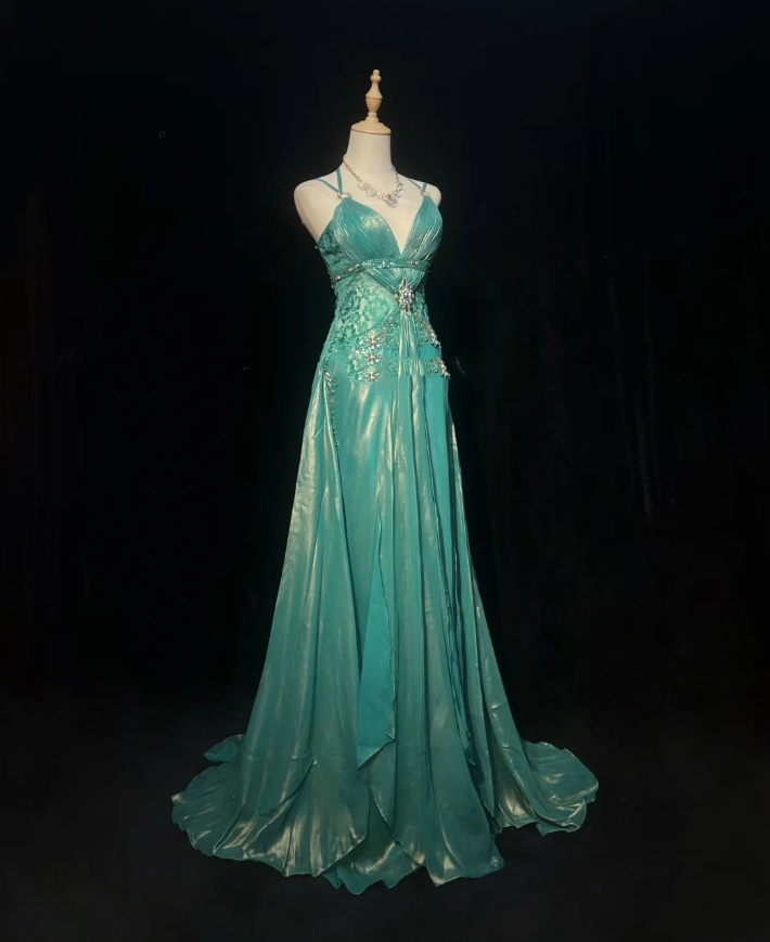 Vintage Spaghetti Straps Green Satin Lace Beaded Mermaid Long Party Dress Birthday Dress SP1817
