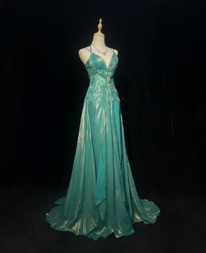 Vintage Spaghetti Straps Green Satin Lace Beaded Mermaid Long Party Dress Birthday Dress SP1817