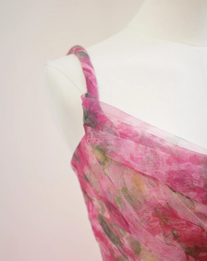 Beautiful Pink Spaghetti Straps Rose Flowers Tulle Long Party Dress Evening Gown