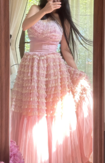 Sweet Strapless Pink Tulle Pleated A Line Long Party Dress Princess Birthday Prom Gowns