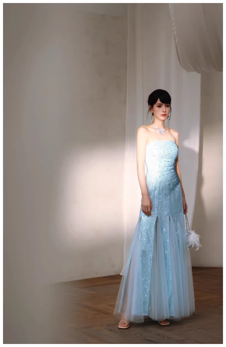 Charming Strapless Blue Tulle Sequin Beaded Mermaid Long Evening Dress Birthday Party Gown