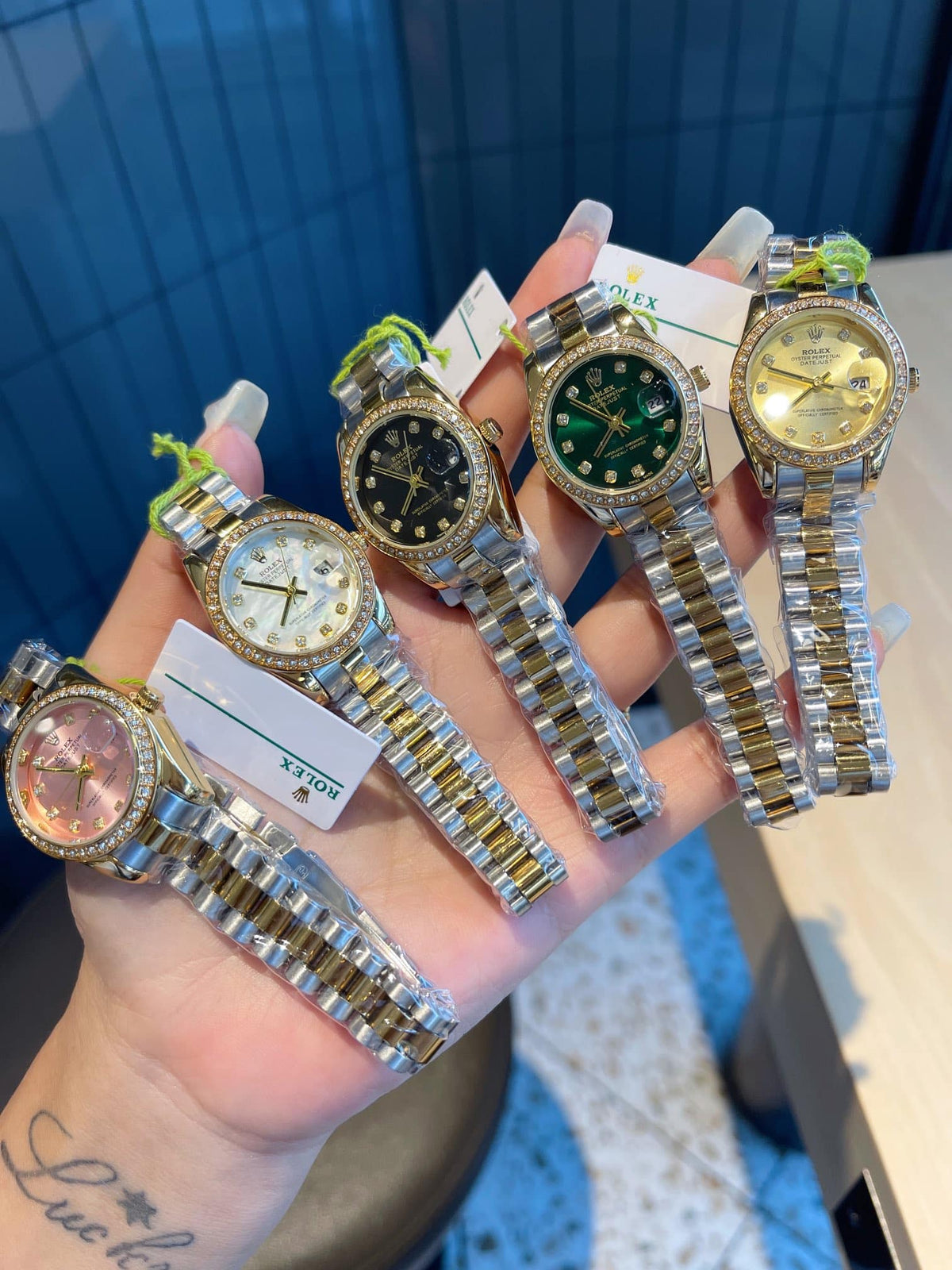 Rolex Datejust Diamond Dial Silver And Gold In Green 28Mm