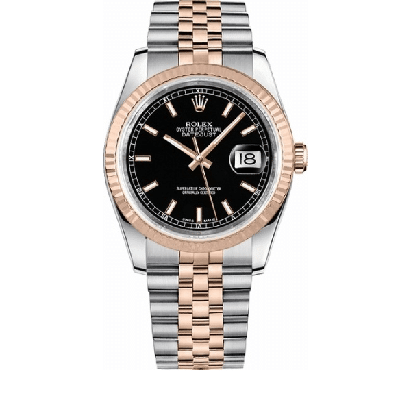 Rolex Oyster Perpetual Datejust Black Dial With Silver And Everose Gold Strap 36Mm