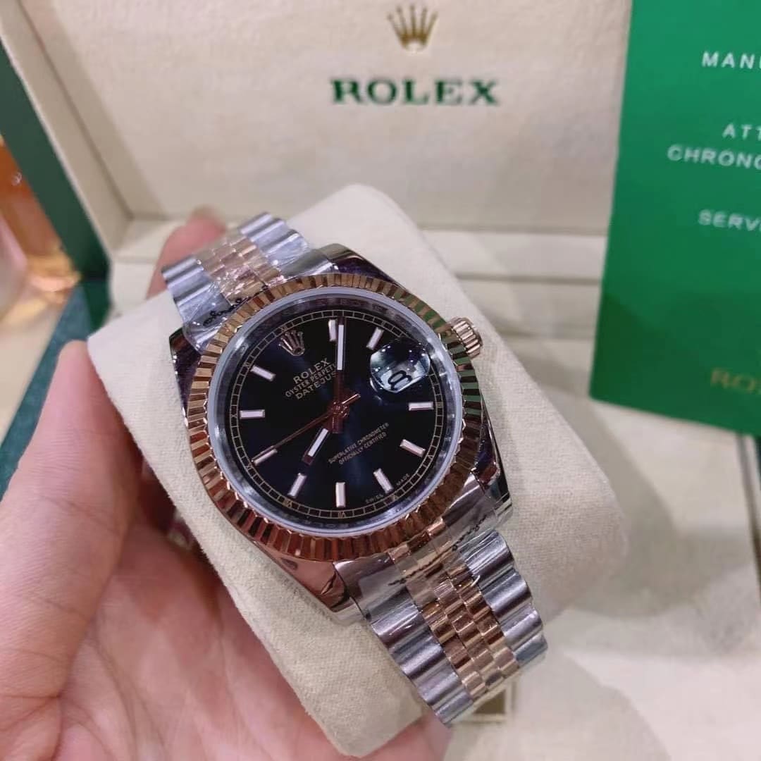 Rolex Oyster Perpetual Datejust Black Dial With Silver And Everose Gold Strap 36Mm