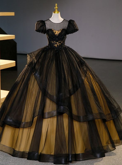 Black Tulle Puff Sleeves Appliques Beading Quinceanera Dress Sweet 16 Ball Gown cc2329