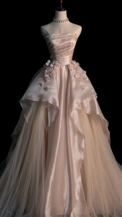 Generous Pink Strapless A-line Tulle Evening Dress,Glam Dress  Y6761