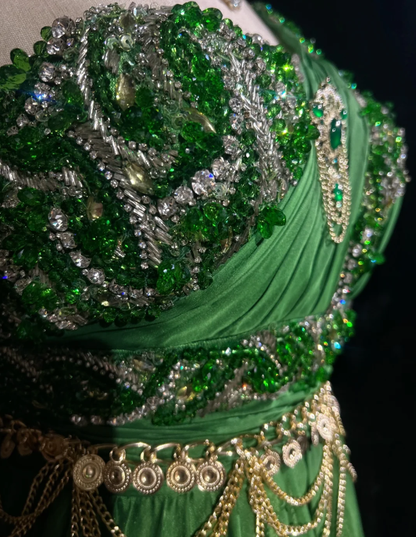 Gorgeous Green One Shoulder Satin Beaded Long Party Dress Birthday Dress SP1859