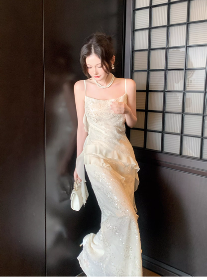 Shiny Spaghetti Straps Light Apricot Sequin Ruffles Mermaid Long Wedding Guest Dress Formal Birthday Prom Dress Party Gown SP1496