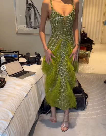 Unique Spaghetti Straps V Neck Green Sequin Beaded Mermaid Long Evening Dress Birthday Prom Dress SP1487