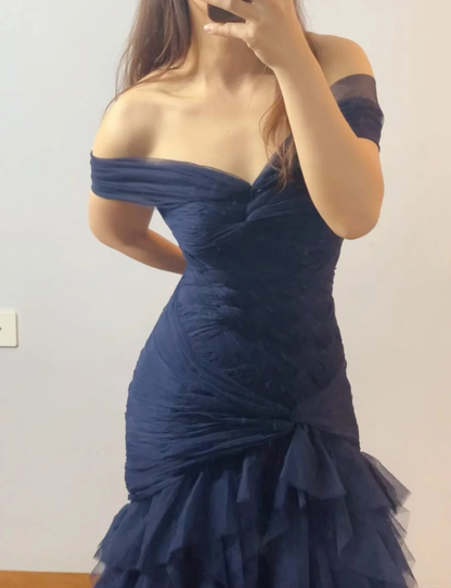 Elegant Navy Blue Tulle Pleated Layered Mermaid Evening Dress Off The Shoulder Long Weding Guest Dress Prom Gown