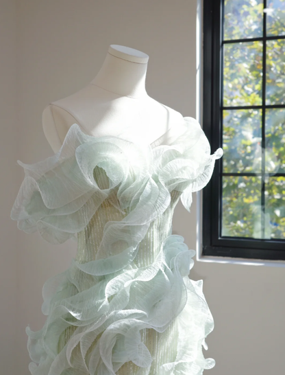 Chic Mint Green Strapless Sequin 3D Tulle Ruffles Mermaid Long Evening Dress Party Gown