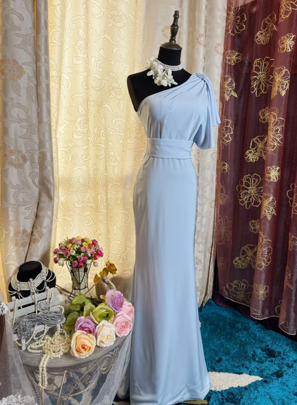 Classy One Shoulder Haze Blue Satin Pleated Mermaid Long Wedding Guest Dress Formal Birthday Evening Dress SP1618