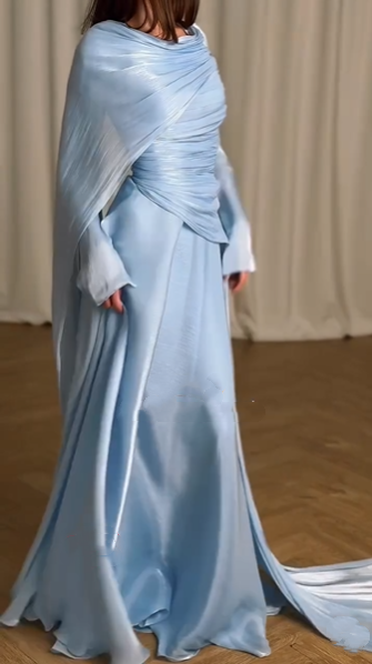 Elegant Blue Tulle Pleated Mermaid Long Party Dress Prom Gown Formal Wedding Guest Dress SP1312