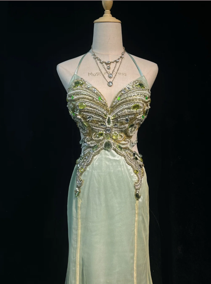 Pretty Sage Green Halter Satin Tulle Butterfly Beaded Mermaid Evening Dress Long Party Gown SP1864
