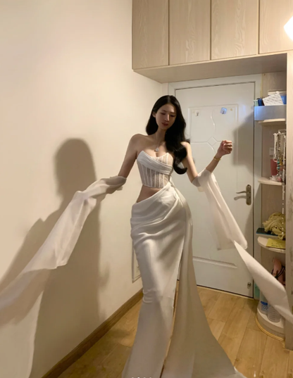 Sexy Strapless Satin Slit White Mermaid Long Prom Gown Party Dress
