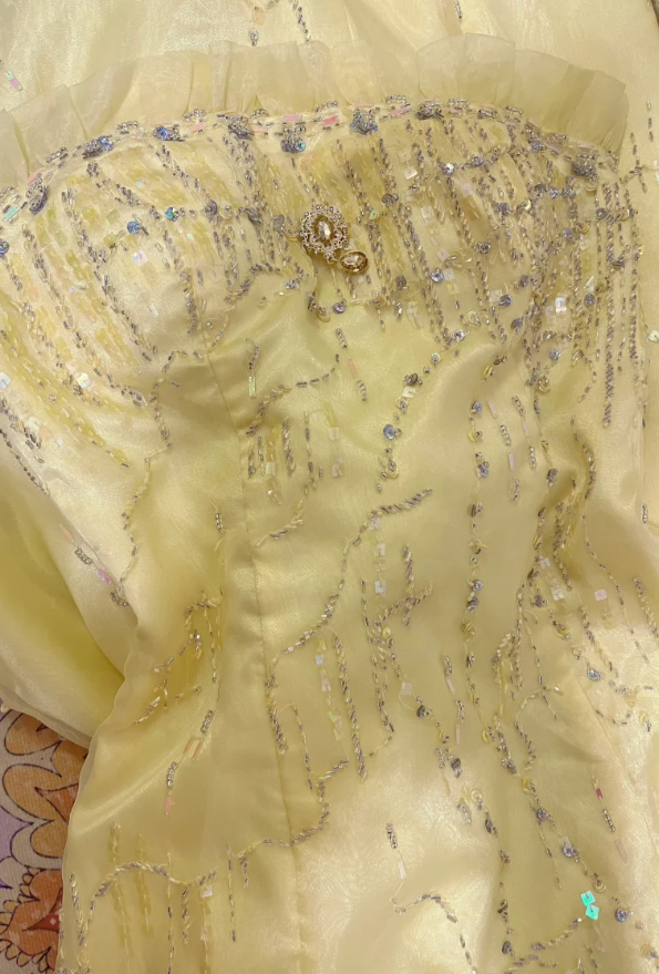 Sweet Strapless Yellow Tulle Satin Beaded Mermaid Long Prom Dress Birthday Party Gown