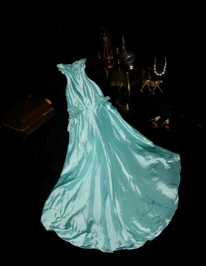 Charming Mint Green Strapless Satin Beaded Long Wedding Guest Dress Formal Birthday Party Dress Prom Gown SP1422