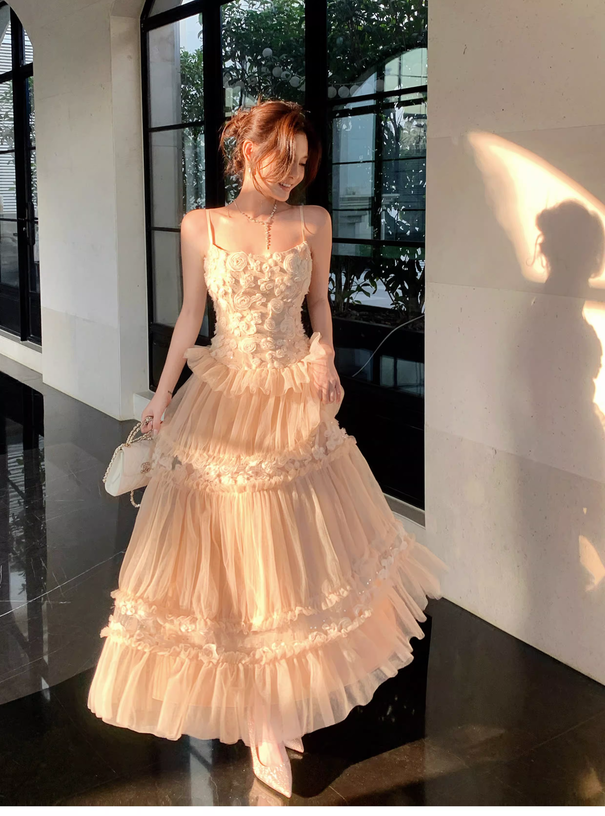 Cute Spaghetti Straps Light Pink Tulle A Line Long Birthday Prom Dress Party Gown SP1505