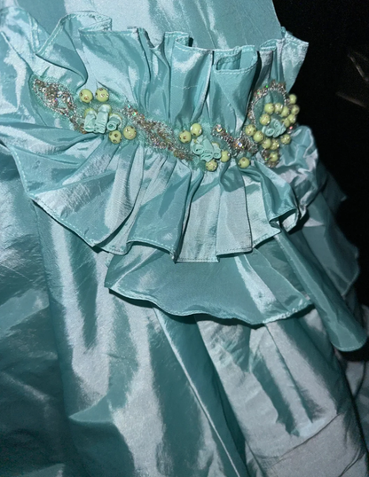 Charming Mint Green Strapless Satin Beaded Long Wedding Guest Dress Formal Birthday Party Dress Prom Gown SP1422