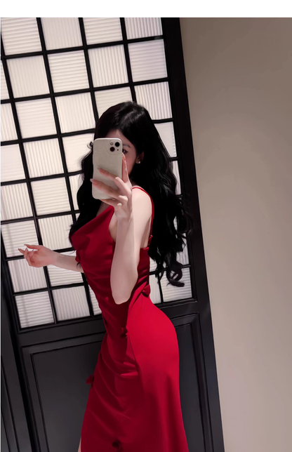 Sexy Red Satin Pleated Slit Mermaid Party Dress Long Wedding Guest Dress SP2001