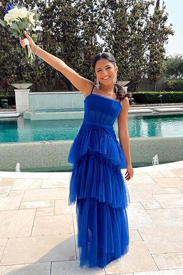 Spaghetti Straps Layered Tulle Graduation Dresses,Long Prom Dress Outfits Y6804