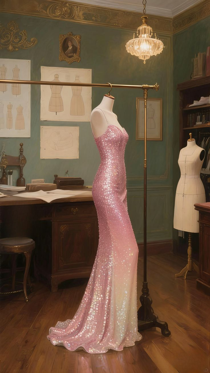 Sparkly Spaghetti Straps Pink Sequin Mermaid Long Party Dress Evening Gown
