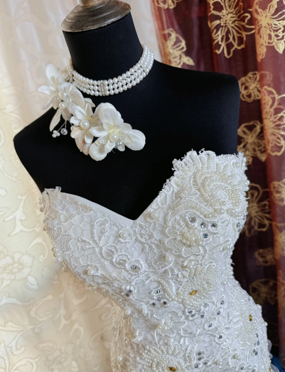 Glamorous Strapless White Lace Appliques Beaded Mermaid Long Evening Dress Birthday Prom Dress SP1615