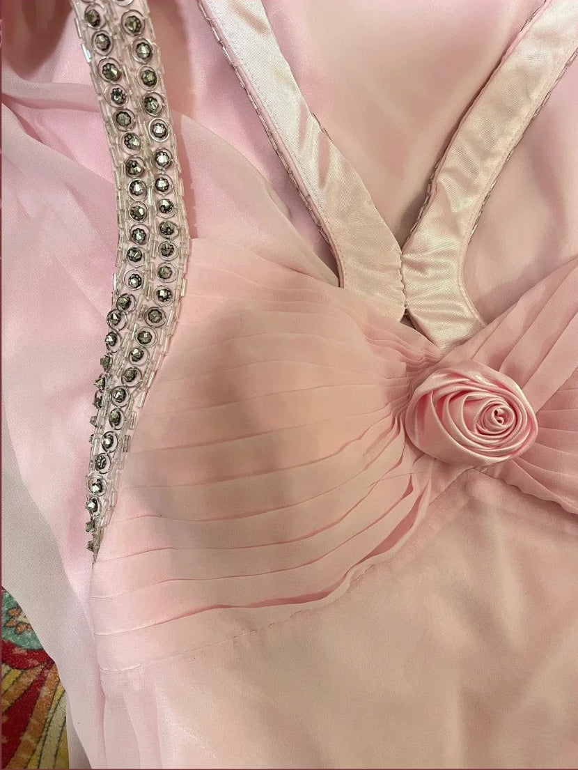 Pink Floral Beading Long Satin Tulle Ball Gown Evening Dress Party Dress gh4487