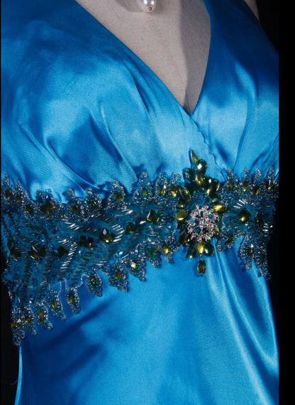 Elegant Halter V Neck Satin Beaded Prom Dress Blue Mermaid Slit Long Party Gowns