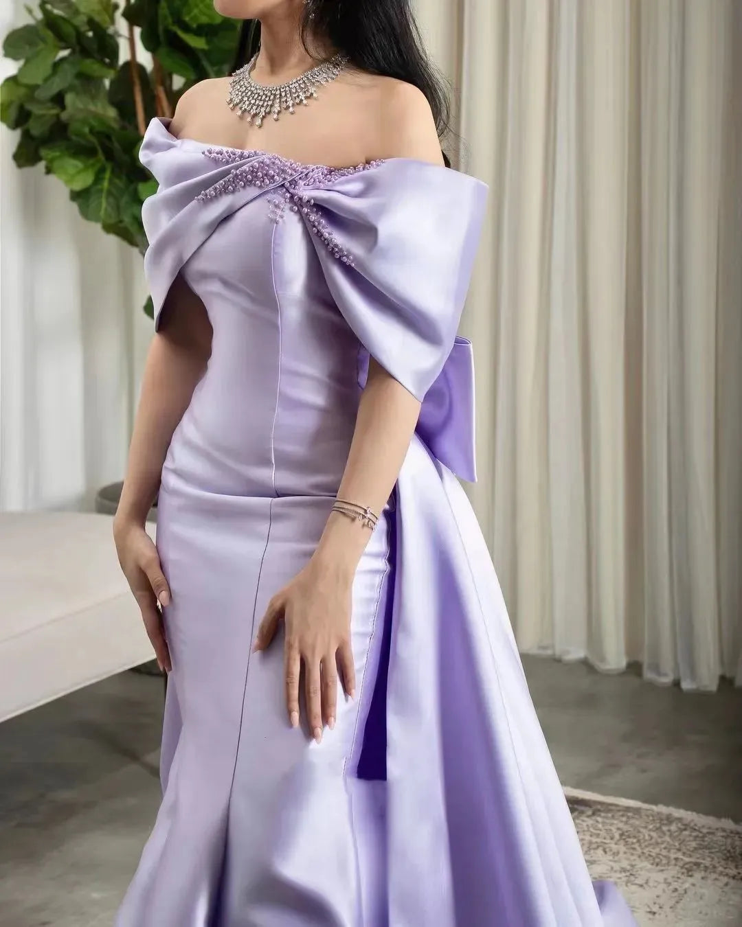 Lilac Pearls Evening Birthday Dress 2024 Off The Shoulder Mermaid Sweep Train Bow Satin Formal Prom Gowns