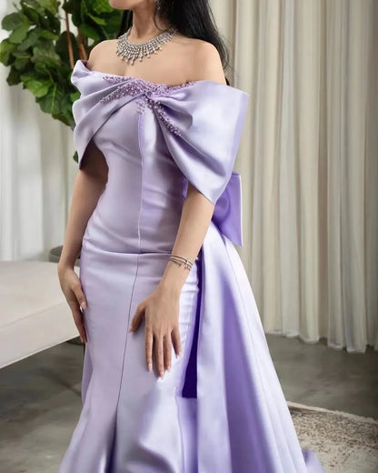 Lilac Pearls Evening Birthday Dress 2024 Off The Shoulder Mermaid Sweep Train Bow Satin Formal Prom Gowns