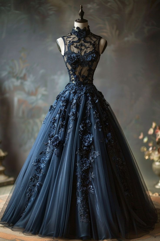Luxury A Line Navy Blue Tulle 3D Flowers High Neck Long Evening Dress Ball Gown cc2420
