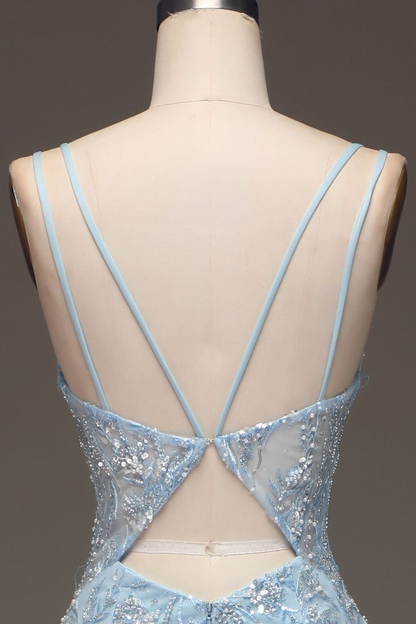 Elegant Blue Tulle Mermaid Prom Dress Evening Dress With Sequins Y6701