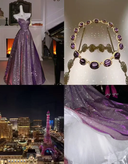 Sparkly Purple Strapless Satin Sequin Long Wedding Guest Dress Formal Party Dress SP1414