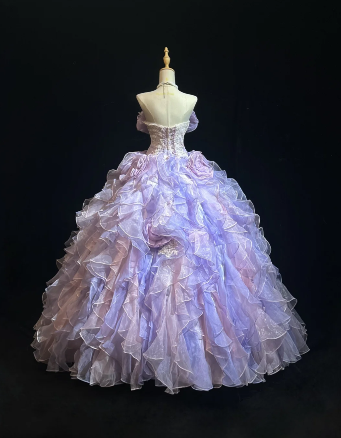 Fairy Princess Ball Gown Lilac Strapless Organza Pleated Ruffles Birthday Quinceanera Dress With Appliques SP1818