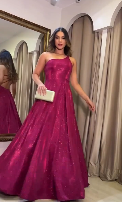 Sparkly One Shoulder Satin Sequin A Line Long Party Dress Hot Pink Evening Gown
