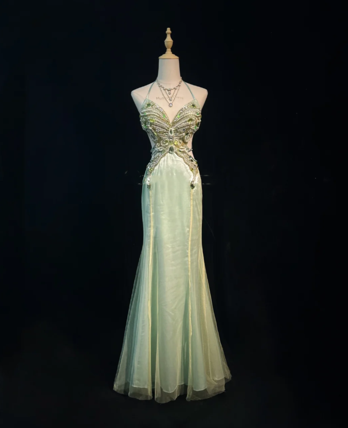 Pretty Sage Green Halter Satin Tulle Butterfly Beaded Mermaid Evening Dress Long Party Gown SP1864