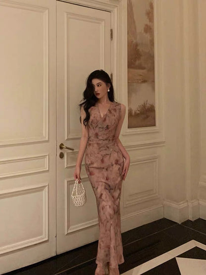 Sexy Sheath V Neckline Long Pink Floral Prom Dresses Birthday Outfits Evening Gown