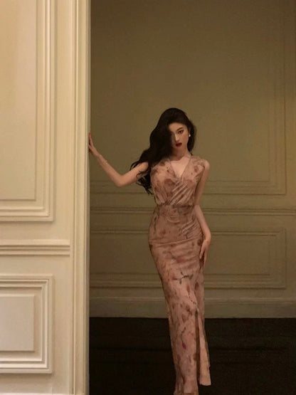 Sexy Sheath V Neckline Long Pink Floral Prom Dresses Birthday Outfits Evening Gown