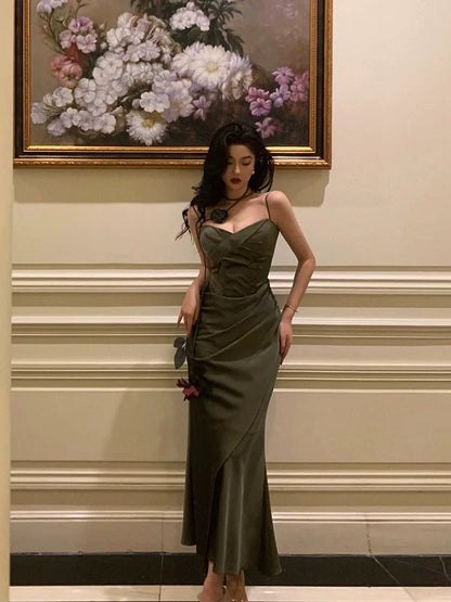 Vintage Sheath Spaghetti Straps Green Satin Long Prom Dresses Evening Gowns
