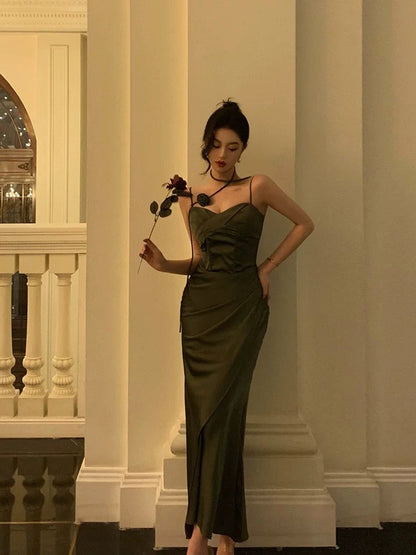 Vintage Sheath Spaghetti Straps Green Satin Long Prom Dresses Evening Gowns