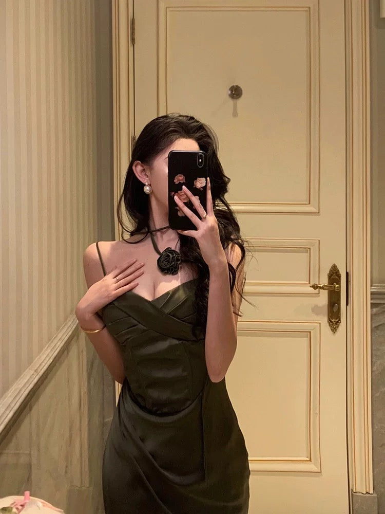 Vintage Sheath Spaghetti Straps Green Satin Long Prom Dresses Evening Gowns